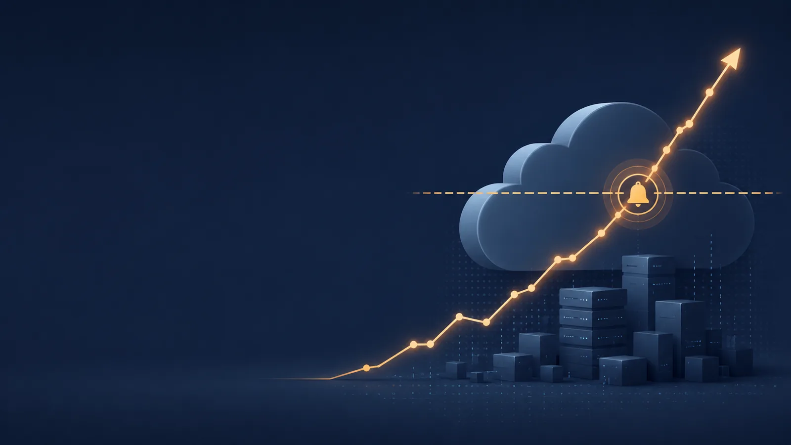 A rising cloud-cost line crossing a budget threshold while an alert notification flags the spike
