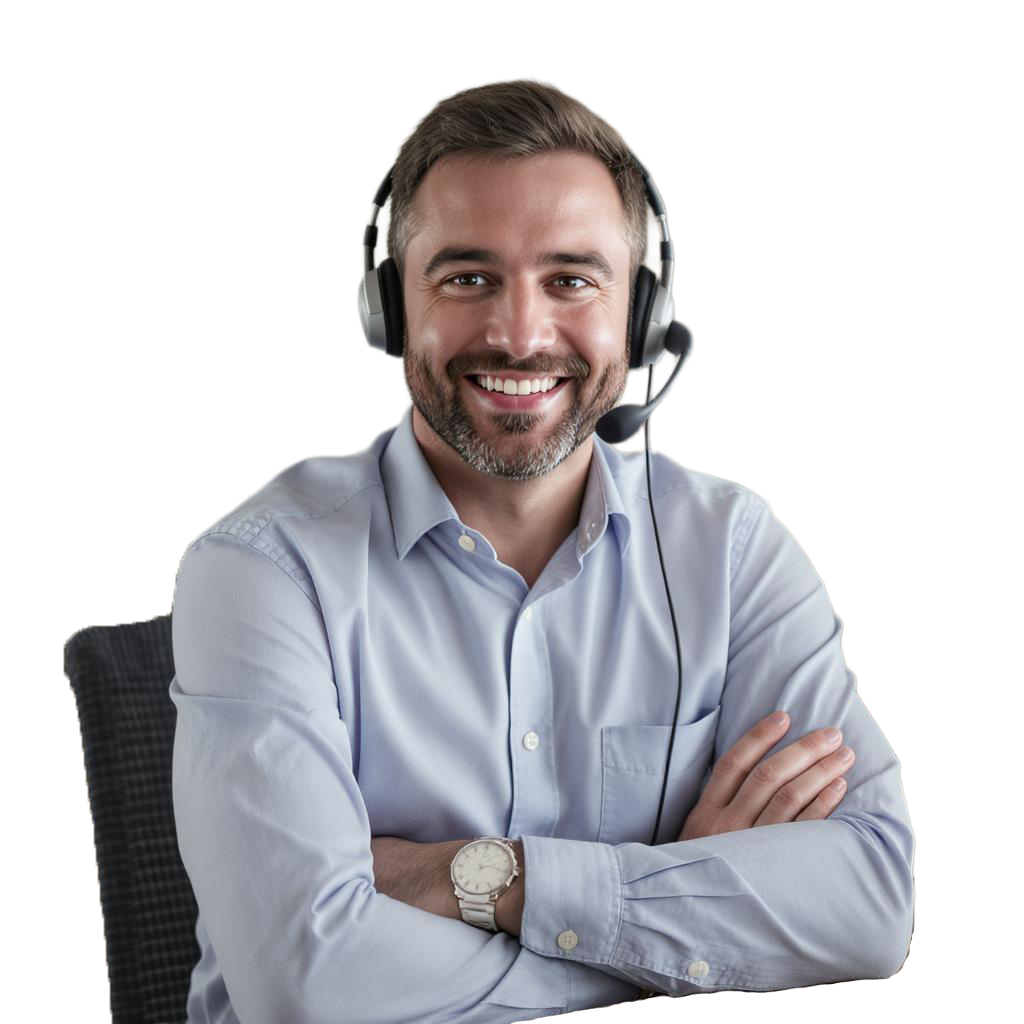 Man waiting for customer call with smile