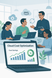 Illustration of cloud cost optimization dashboard with AWS savings charts and a team automating cloud management tasks.