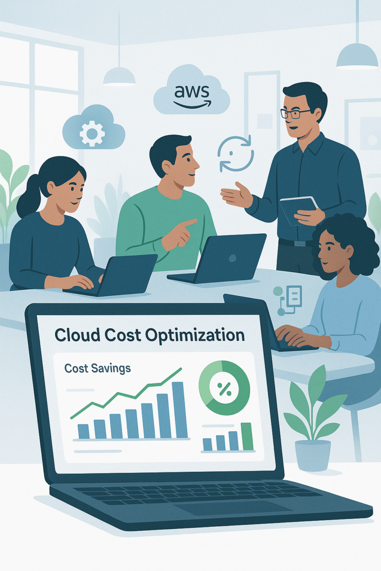 Illustration of cloud cost optimization dashboard with AWS savings charts and a team automating cloud management tasks.