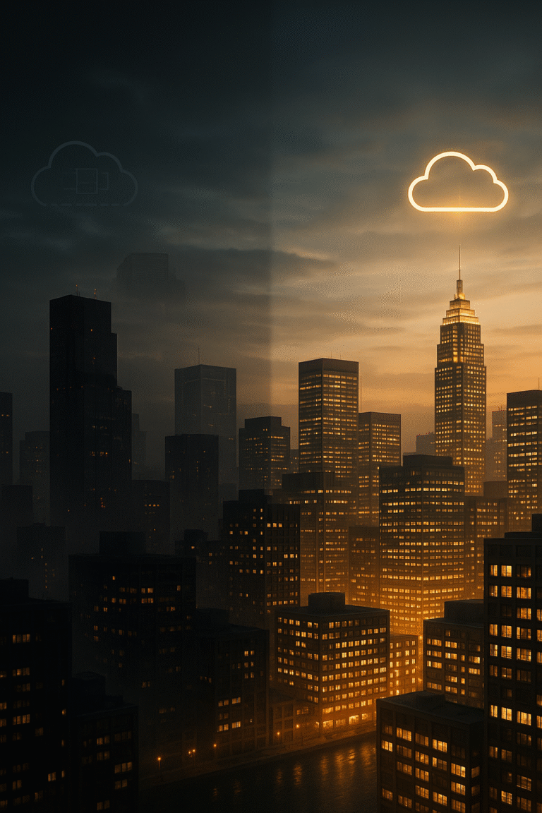 City representing AWS outage with one region offline and another running as backup