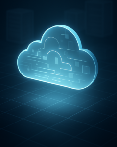 Illustration of a glowing cloud above organized digital infrastructure, symbolizing cloud cost visibility, waste reduction, and FinOps optimization.