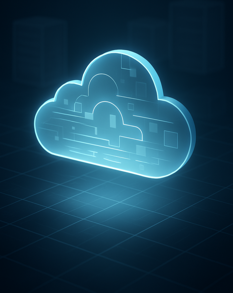 Illustration of a glowing cloud above organized digital infrastructure, symbolizing cloud cost visibility, waste reduction, and FinOps optimization.